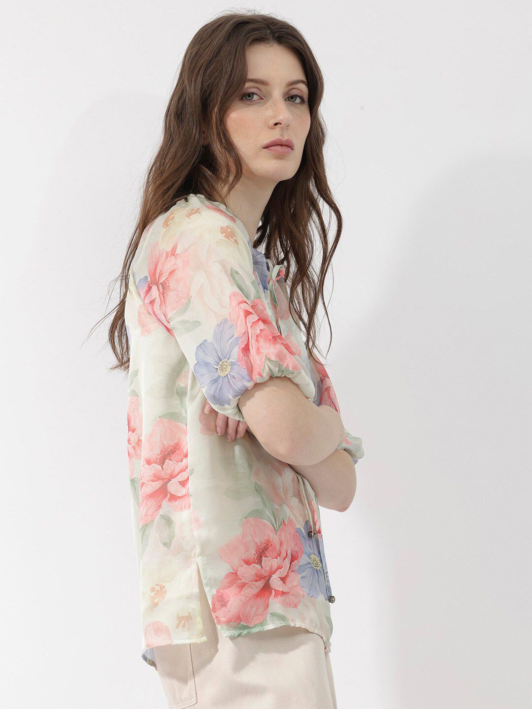 RAREISM Floral Print Tie-Up Neck Top