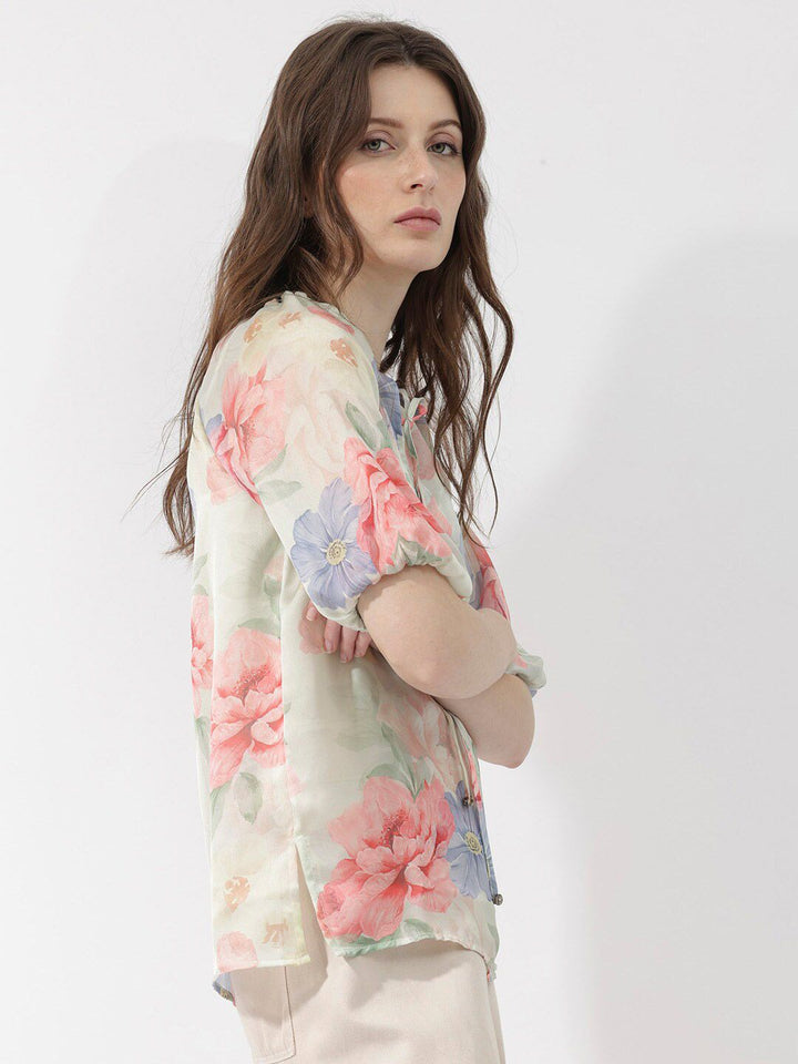 RAREISM Floral Print Tie-Up Neck Top