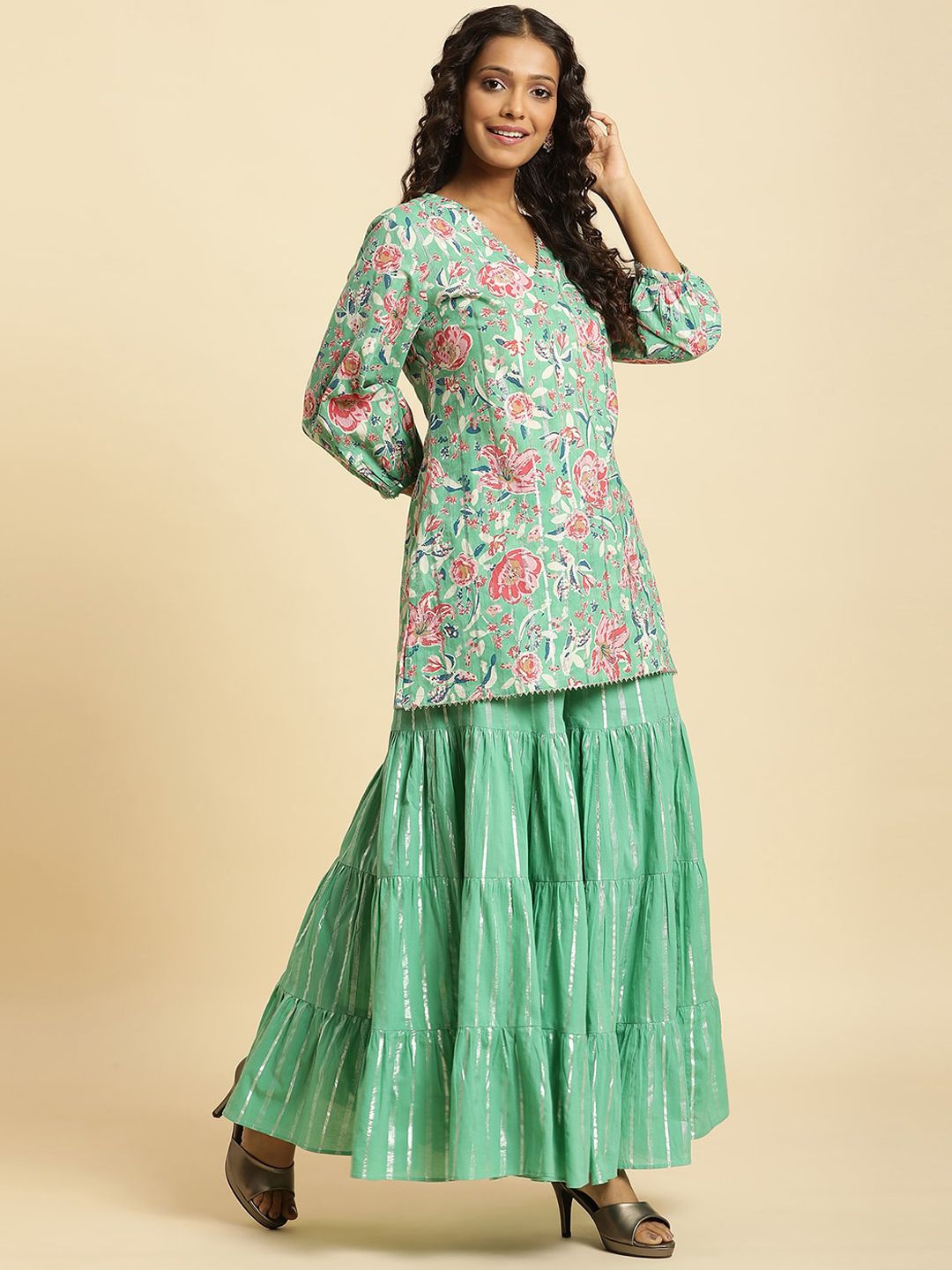 W Women Cotton Kurti with Sharara & Dupatta