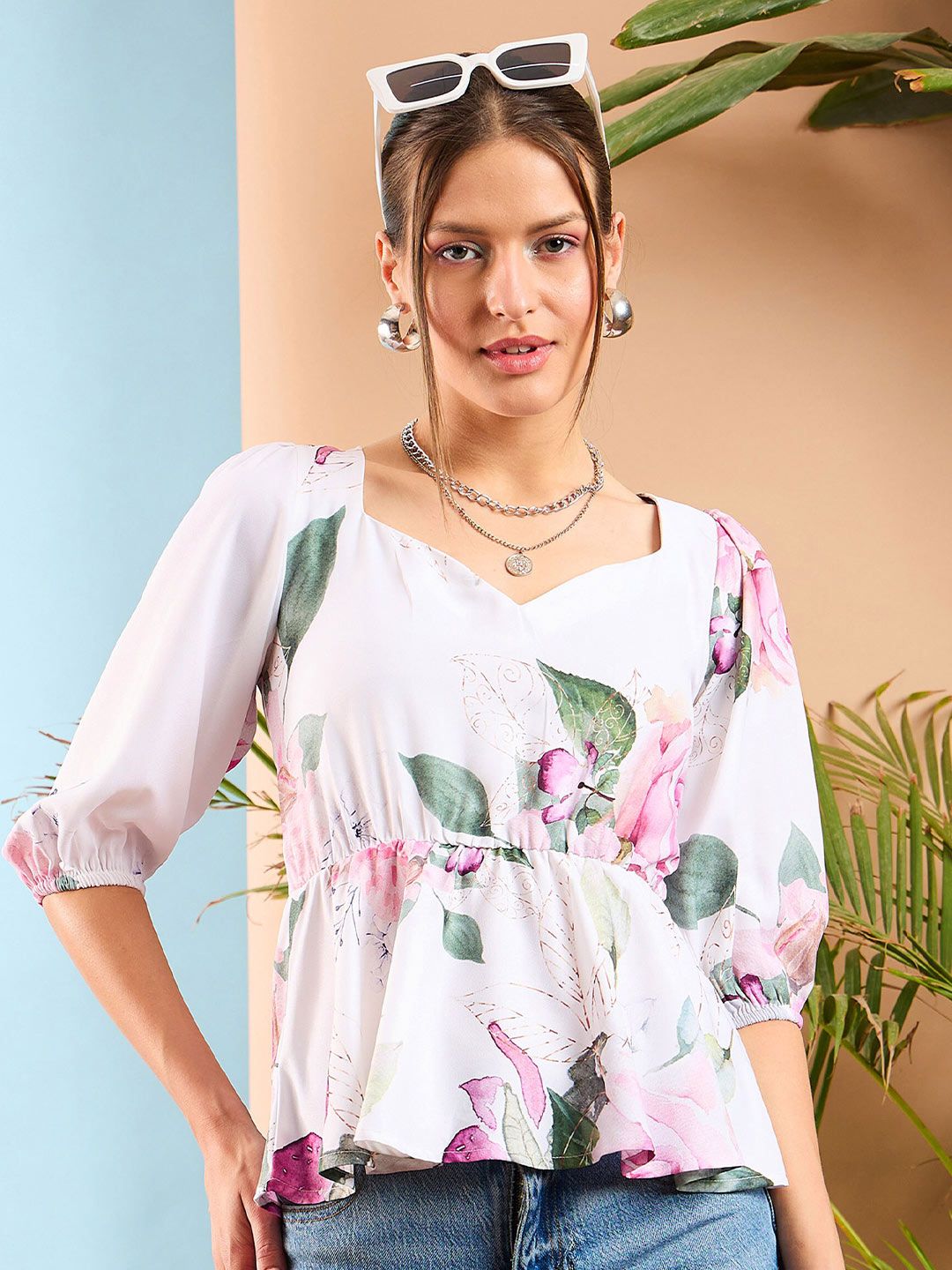 SASSAFRAS Floral Print Puff Sleeves Criss Cross Back Peplum Top