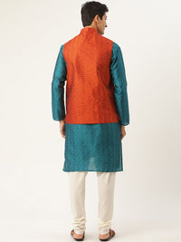 SOJANYA Kurta Tenunan Lelaki Teal Biru & Jingga dengan Jaket Churidar & Nehru