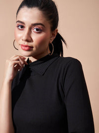 SASSAFRAS BASICS Ribbed Shirt Collar Cotton Top