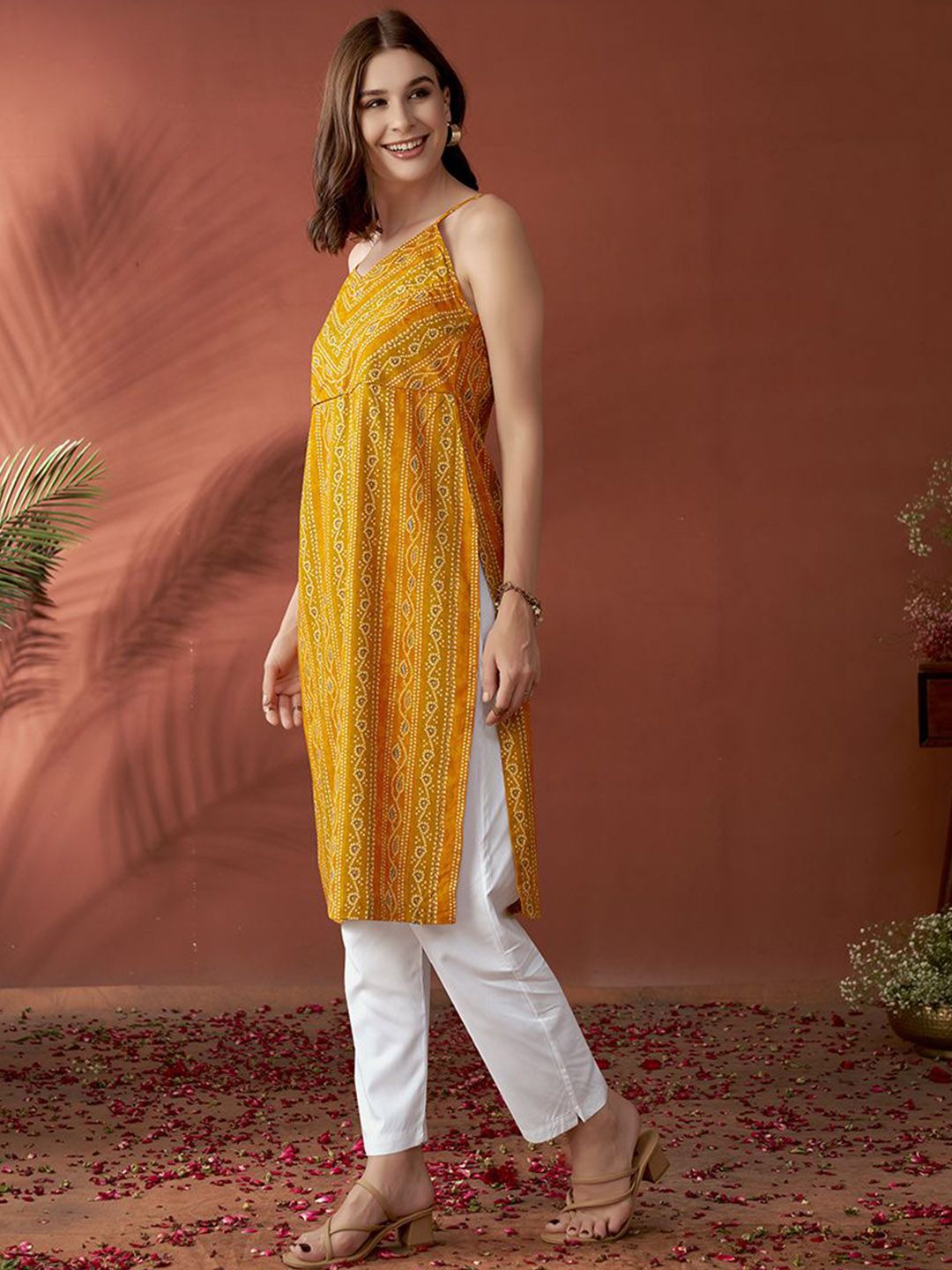 Anouk Mustard Yellow Bandhani Printed Shoulder Straps Straight Kurta