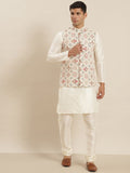 SOJANYA Men White Kurta with Churidar & Nehru Jacket