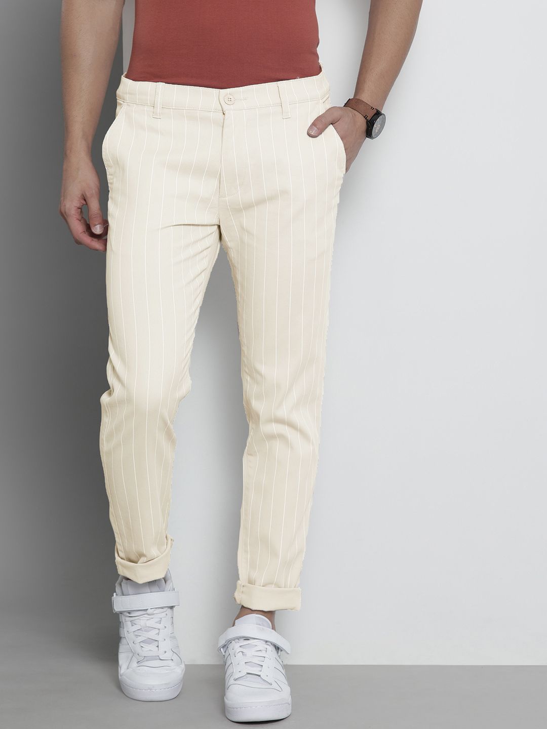 The Indian Garage Co Men Beige Striped Slim Fit Trousers