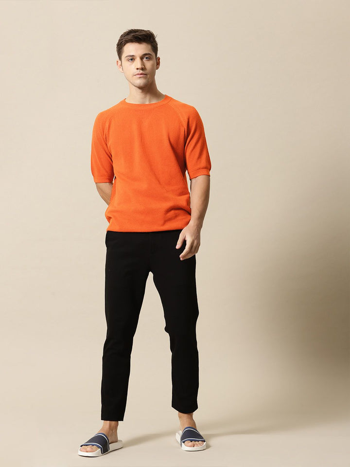 Mr Bowerbird Men Rust-Coloured Solid Tailored Fit Round Neck Sweater Pure Cotton T-shirt