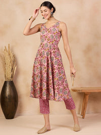 Anouk Pink Floral Printed V-Neck Regular Pure Cotton A-Line Kurta With Trousers