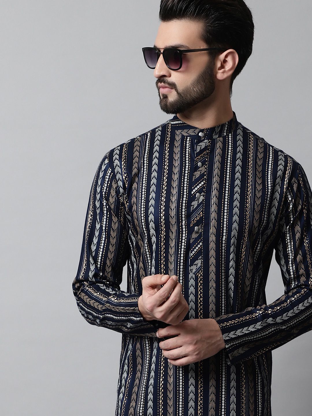 Jompers Men Printed Band Collar Pure Cotton Kurta with Pyjamas
