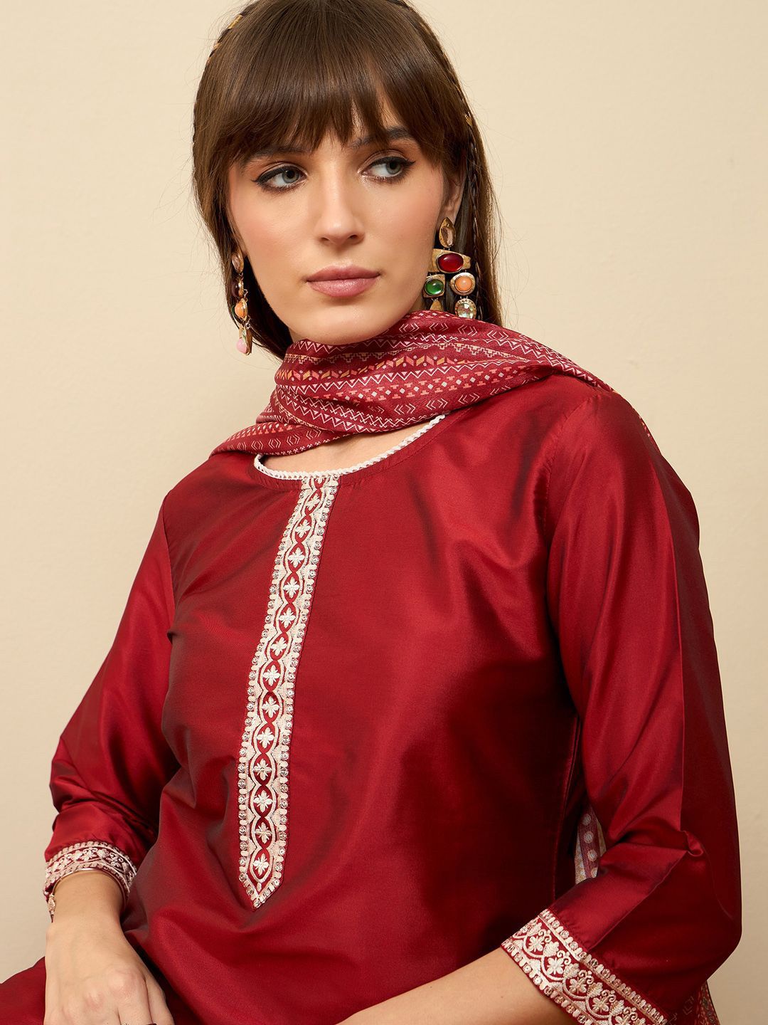 Indo Era Straight Sequinned Kurta with Trousers & Dupatta