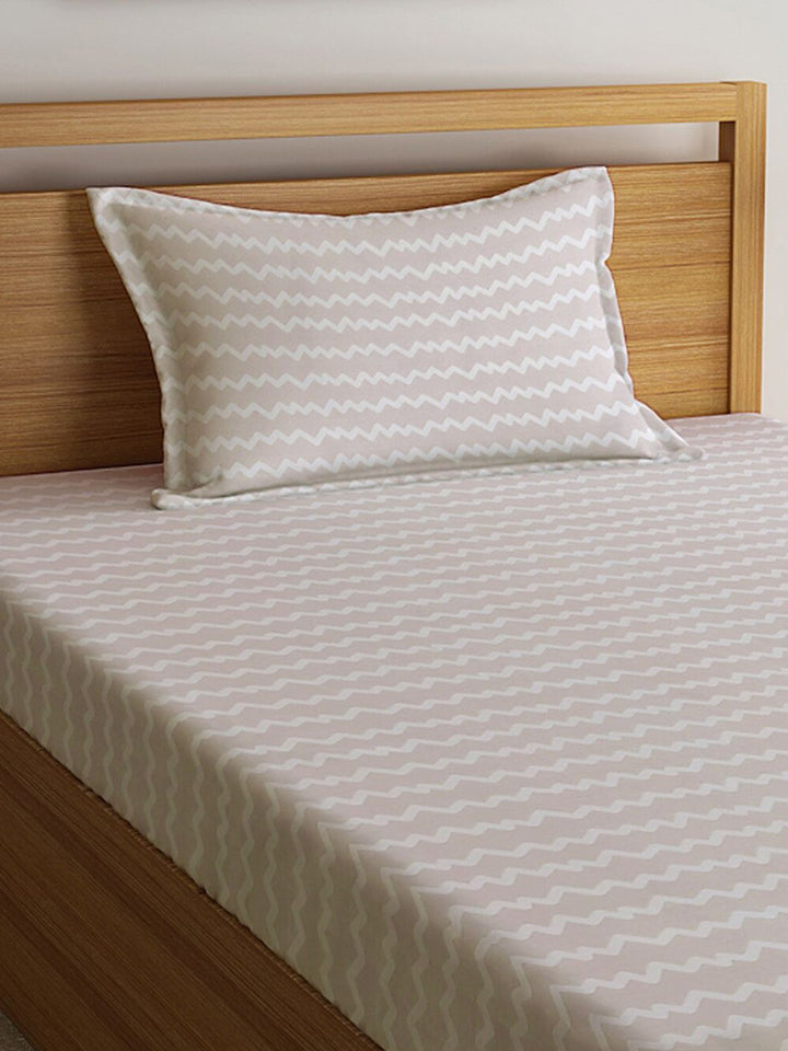 KLOTTHE Beige Chevron Cotton 300 TC Fitted Single Fine Bedsheet with a Pillow Cover-87 x 59 inches