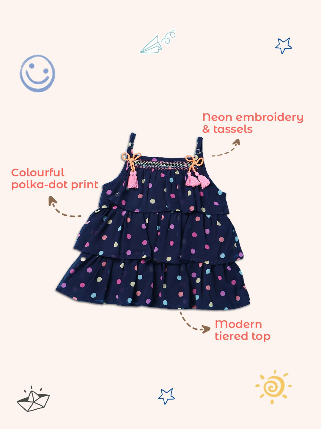 Nauti Nati Girls Navy Blue Printed Tiered Top