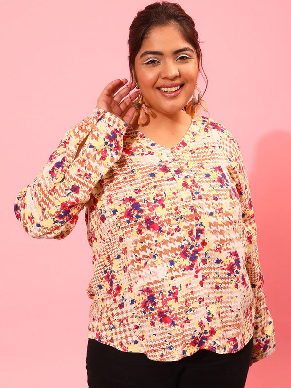 Curvy Street V-Neck Floral Printed Cuff Sleeves Top