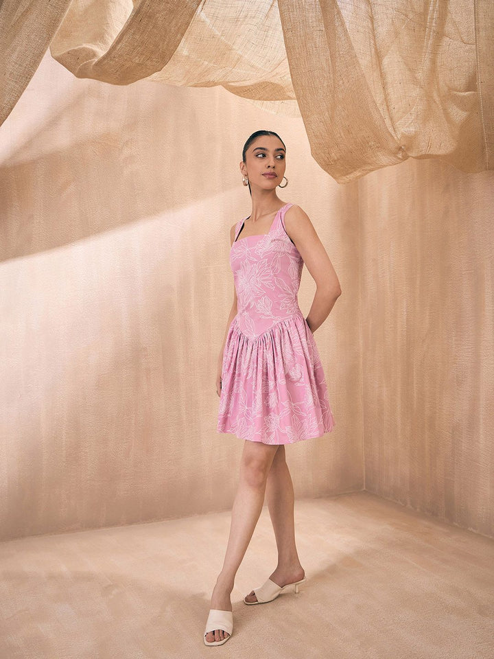 Pink Paprika by SASSAFRAS Pink Floral Printed Sleeveless Cotton Drop Waist Dress