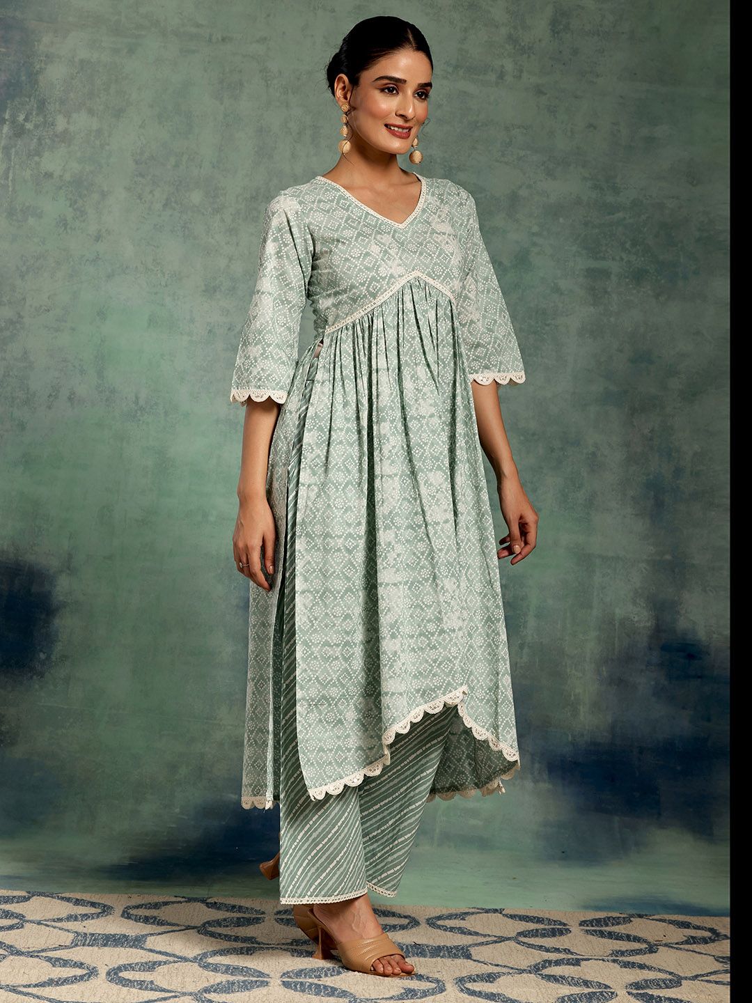 Libas Bandhani Printed V-Neck Pleated Pure Cotton A-Line Kurta with Palazzos & Dupatta