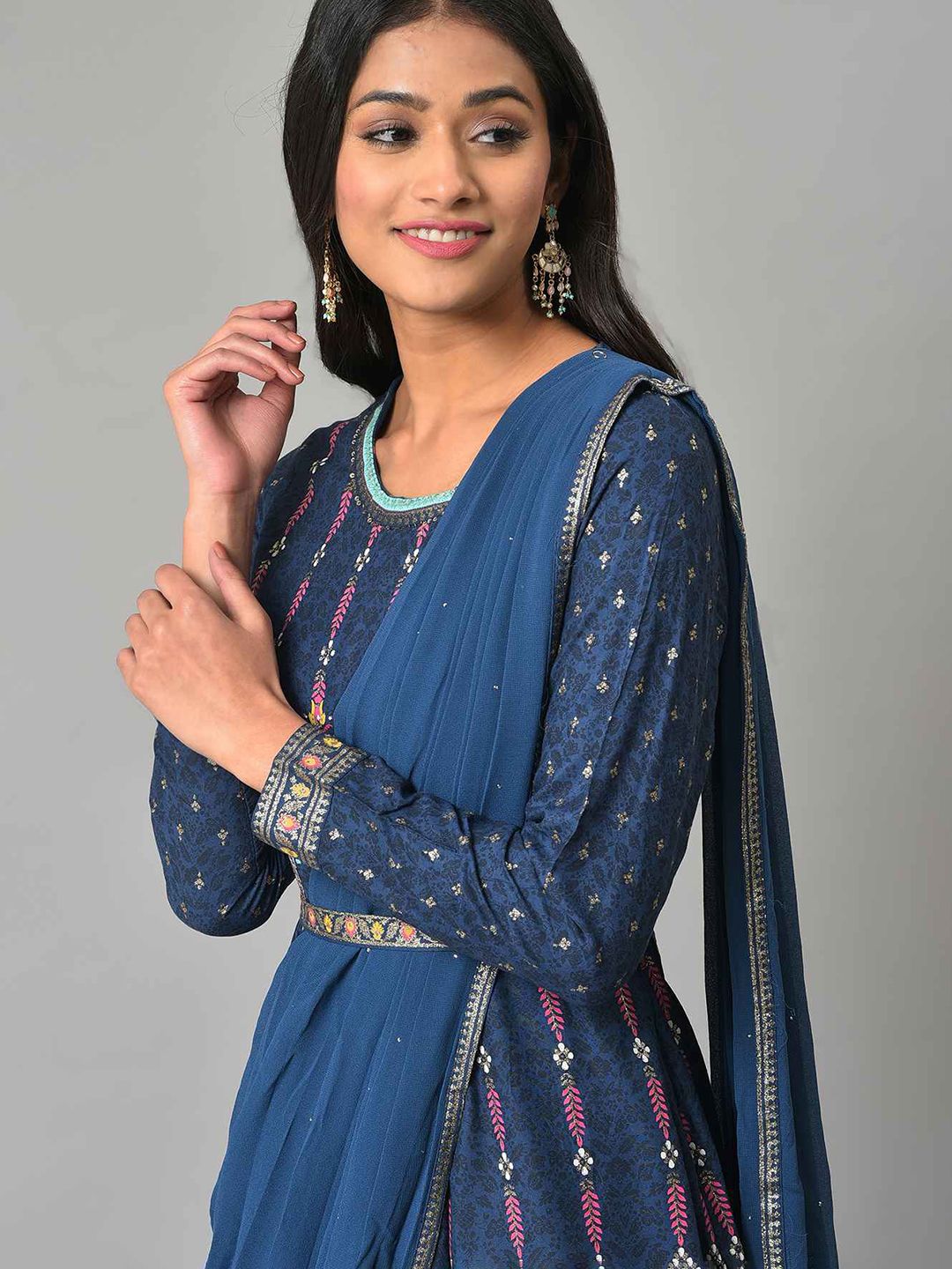 W Blue Ethnic Motifs Ethnic Maxi Dress