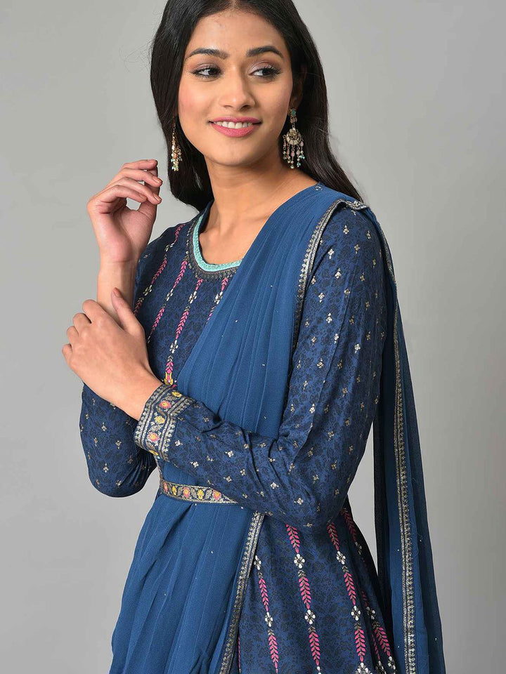 W Blue Ethnic Motifs Ethnic Maxi Dress