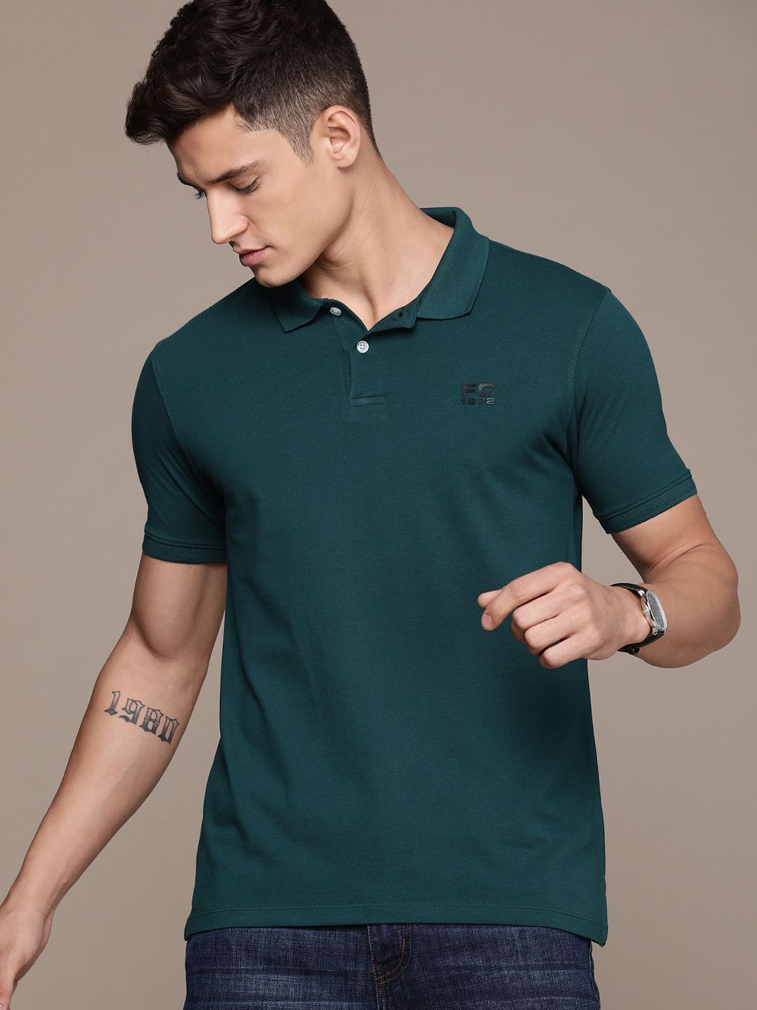 French Connection Polo Collar Knitted Pure Cotton T-shirt With Minimal Brand Logo Print