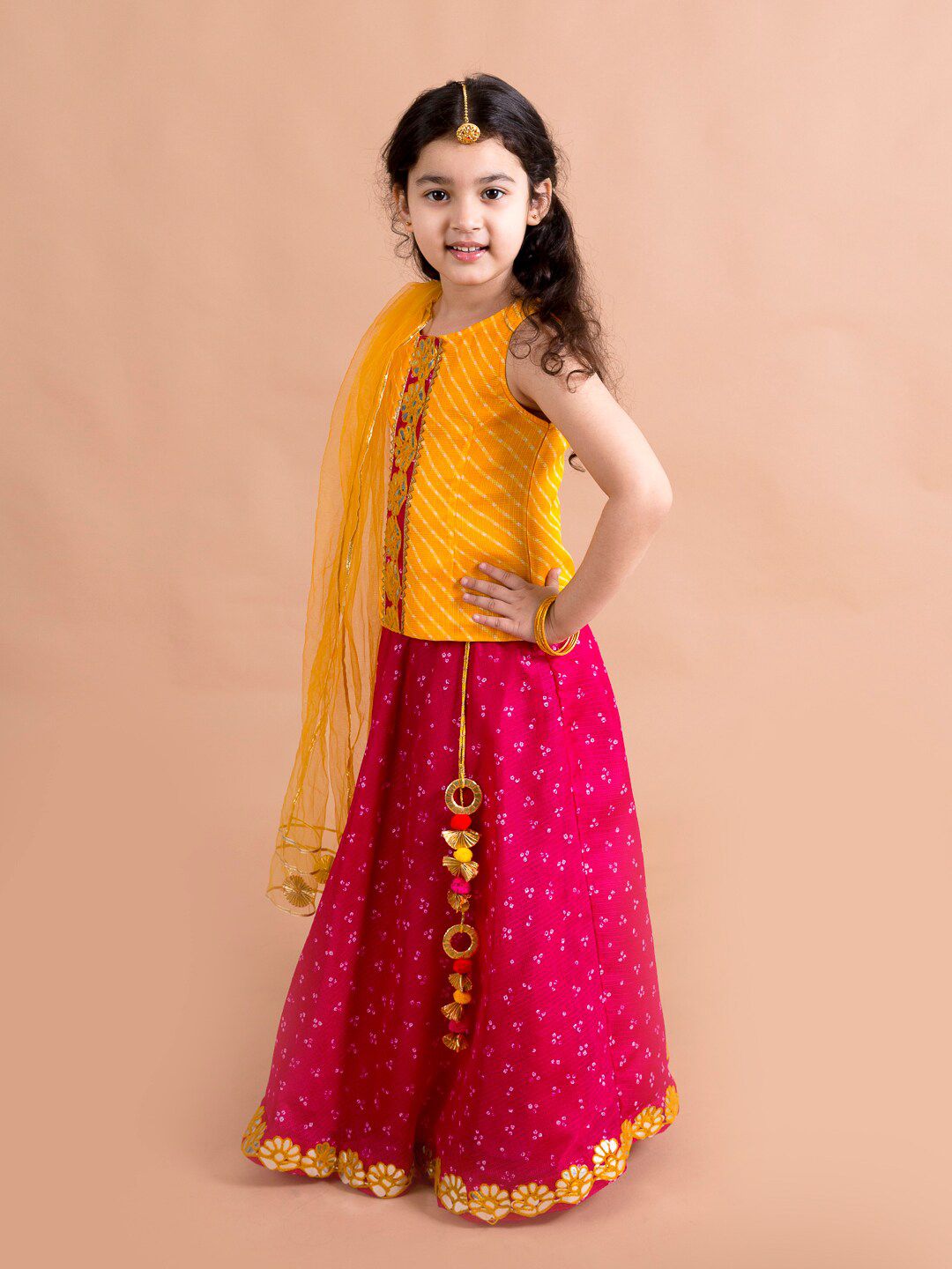 pspeaches Girls Magenta & Yellow Embroidered Ready to Wear Lehenga & Blouse With Dupatta