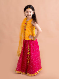 pspeaches Girls Magenta & Yellow Embroidered Ready to Wear Lehenga & Blouse With Dupatta