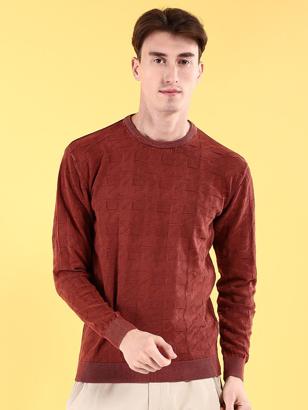 The Indian Garage Co Self Design Geometric Pullover Acrylic Sweater