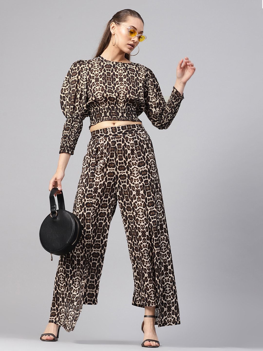 SASSAFRAS Black & Beige Animal Print Crop Blouson Top