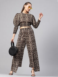 SASSAFRAS Black & Beige Animal Print Crop Blouson Top