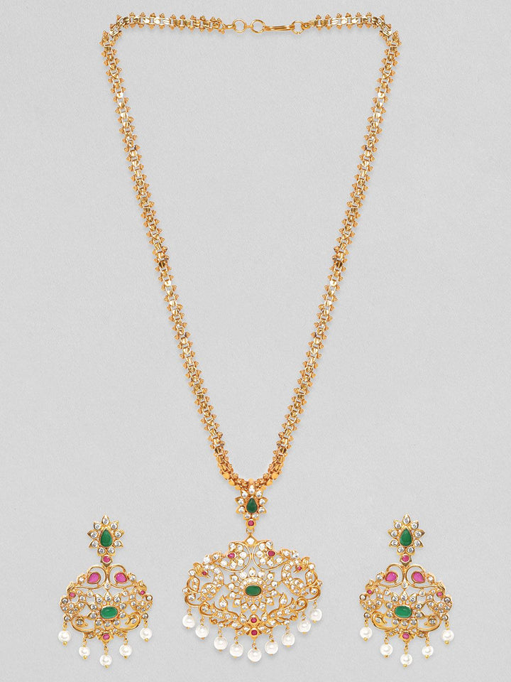 Rubans Women Gold-Plated Green CZ Stone Studded Temple Jewellery Set