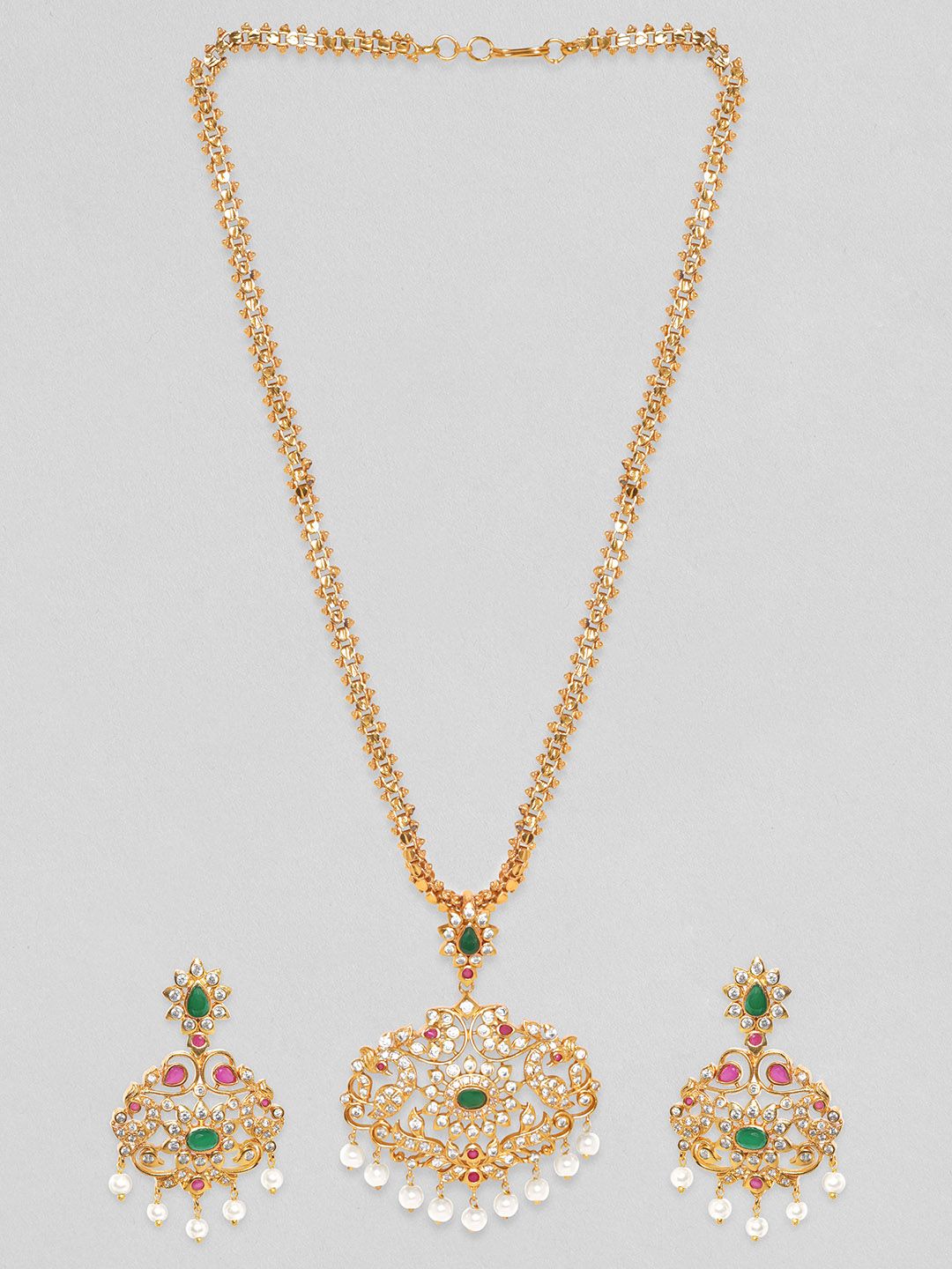 Rubans Women Gold-Plated Green CZ Stone Studded Temple Jewellery Set