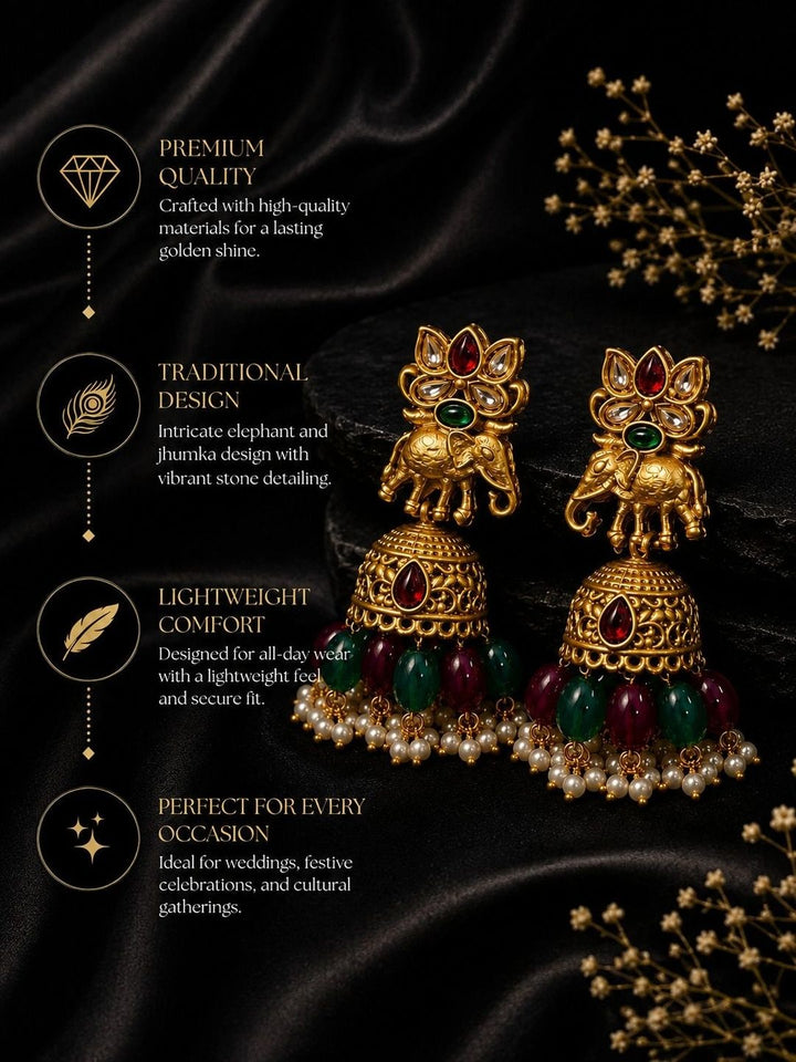 PANASH Gold Plated Artificial Stone Studded & Beaded Dome Shaped Jhumkas
