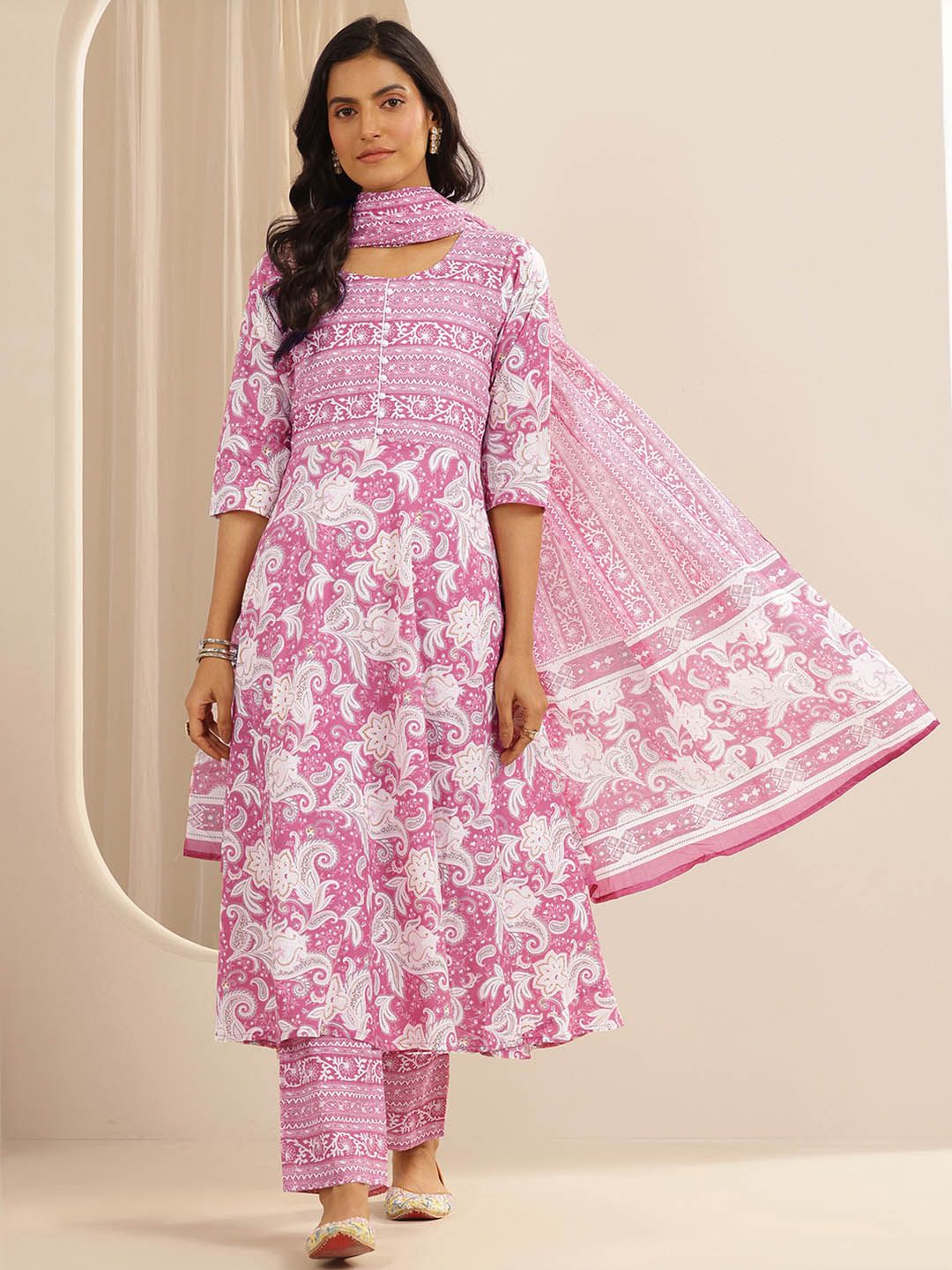 Libas Floral Printed Pure Cotton Anarkali Kurta With Trousers & Dupatta