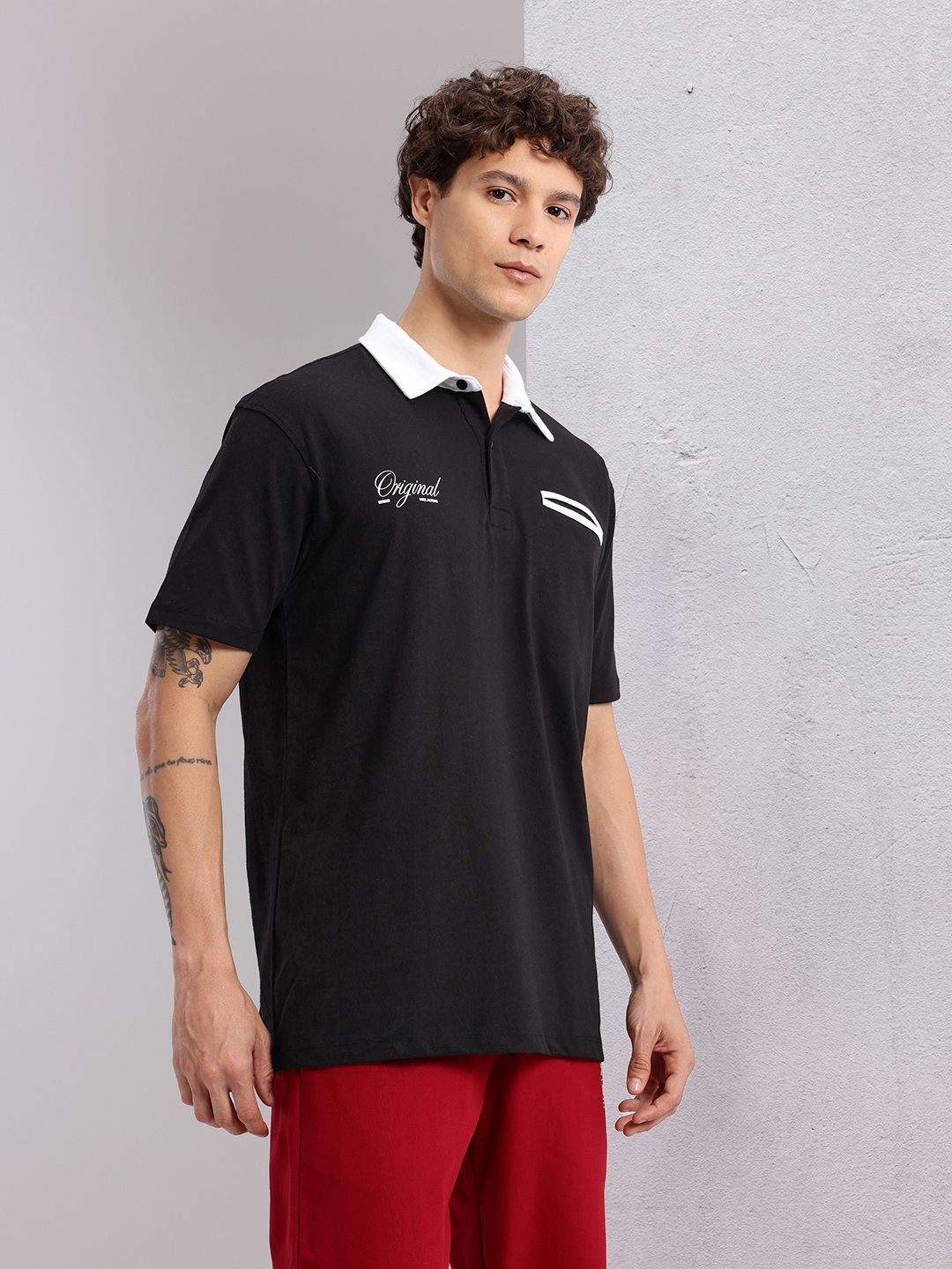 HRX by Hrithik Roshan Typography Print Detail Drop-Sleeves Relaxed Fit Polo Collar T-shirt