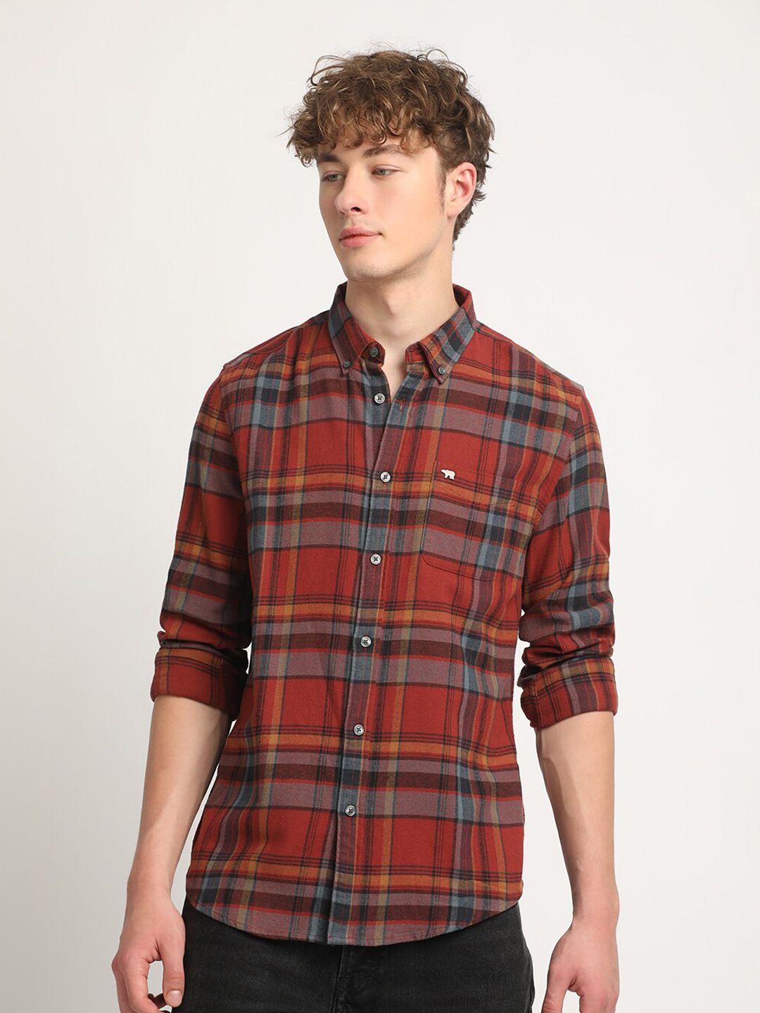 THE BEAR HOUSE Slim Fit Tartan Checked Flannel Pure Cotton Casual Shirt