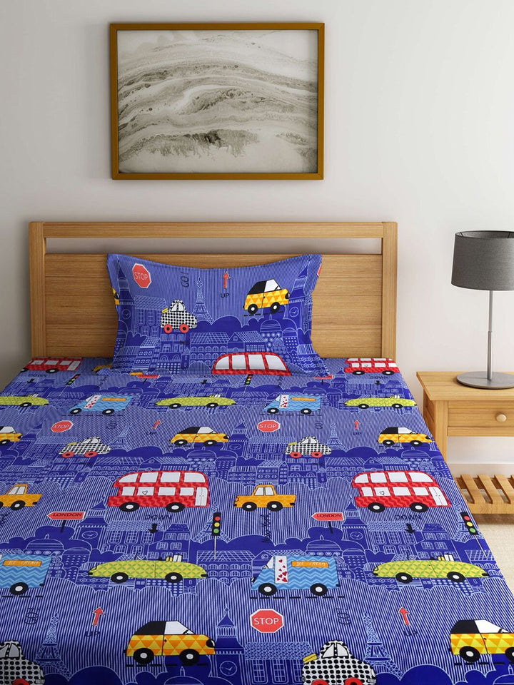 KLOTTHE Blue Conversational Polycotton 210 TC Single Halus Cadar dengan Sarung Bantal-87 x 59 inci