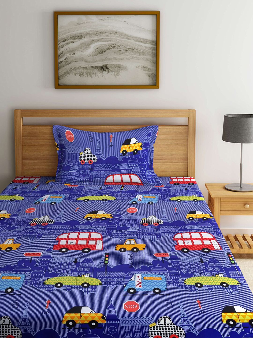 KLOTTHE Blue Conversational Polycotton 210 TC Single Halus Cadar dengan Sarung Bantal-87 x 59 inci