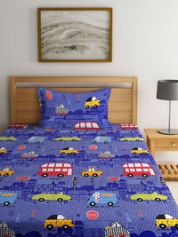 KLOTTHE Blue Conversational Polycotton 210 TC Single Halus Cadar dengan Sarung Bantal-87 x 59 inci