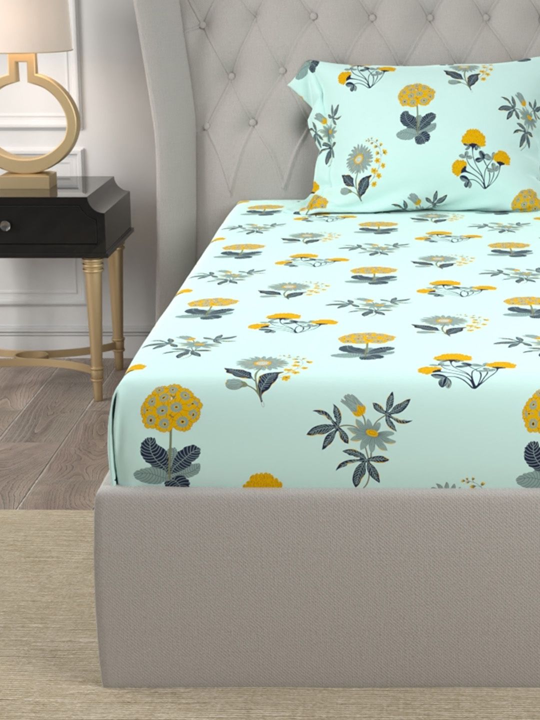 URBAN SPACE Radiance Sky Blue 200 TC Floral Single Bedsheet