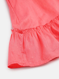 Global Desi Girls Coral Pink Self Design Tie-Up Neck Flared Sleeves Cotton A-Line Dress