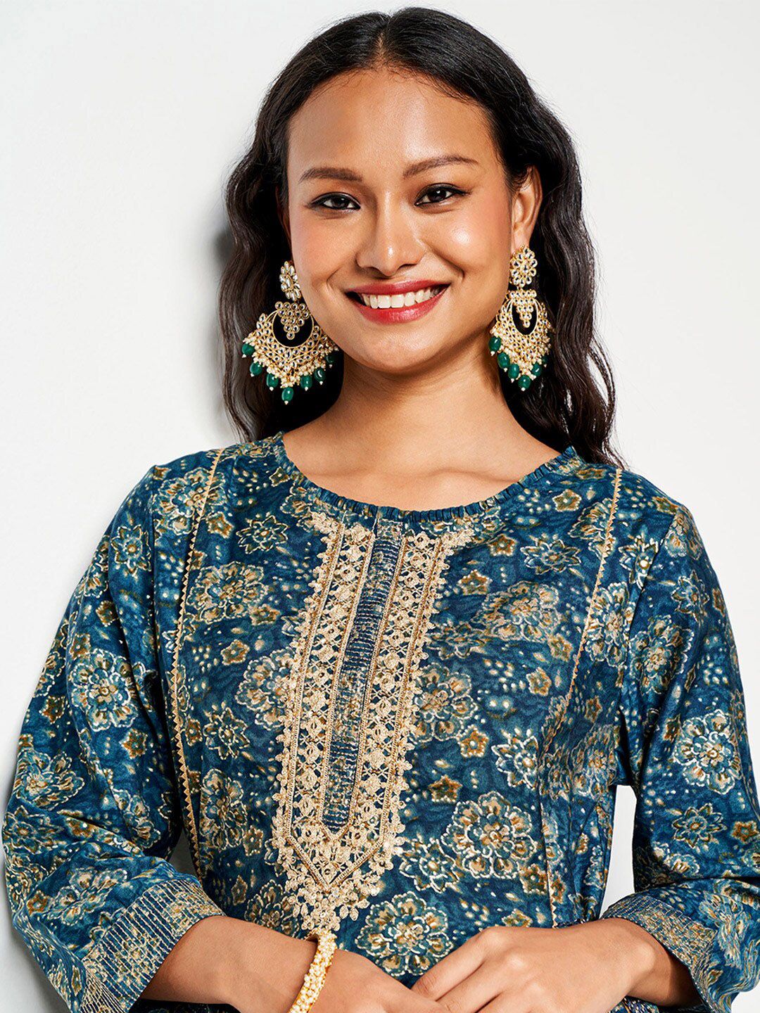 Global Desi Ethnic Motifs Printed Mirror Work Pleated Anarkali Kurta