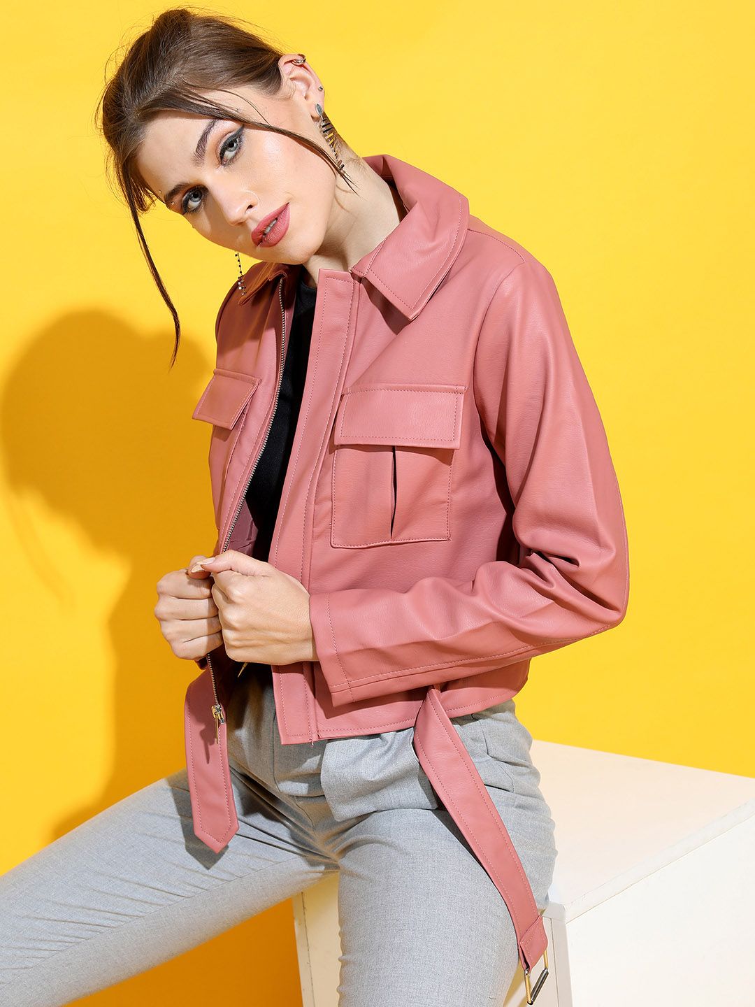Tokyo Talkies Women Rose Leather Crop Tailored Jacket