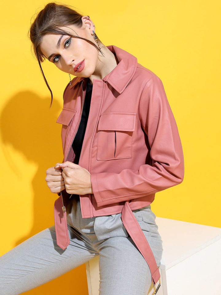 Tokyo Talkies Women Rose Leather Crop Tailored Jacket