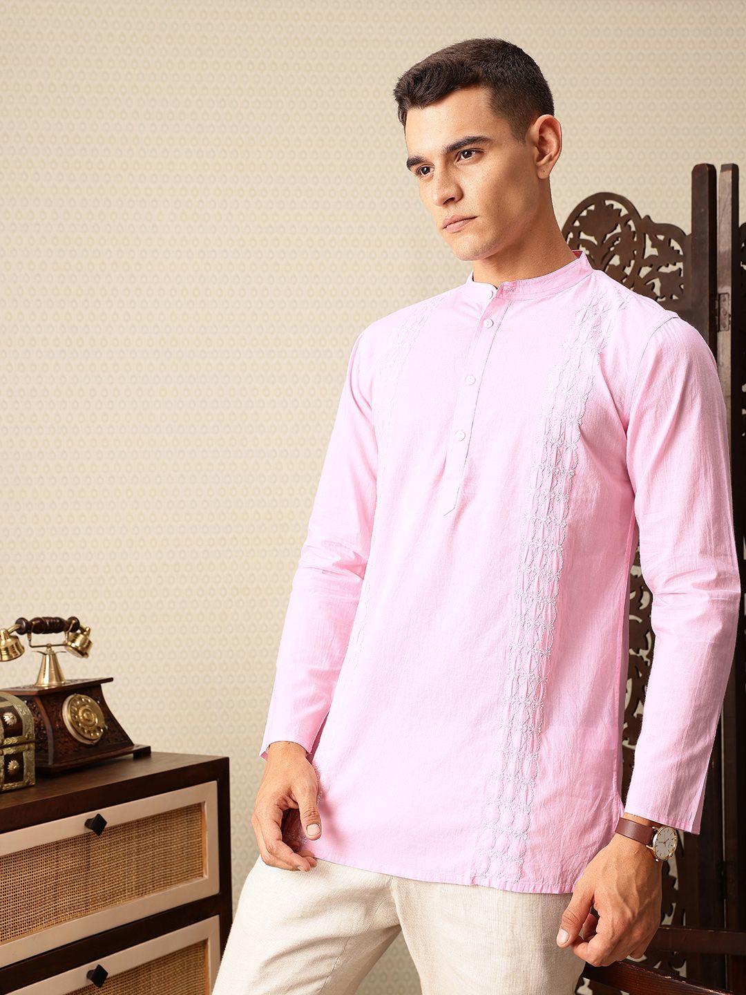 House of Pataudi Floral Embroidered Band Collar Pure Cotton Jashn Kurta