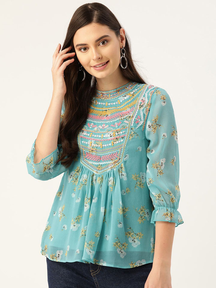Antheaa Women Blue & Yellow Floral Print A-Line Top