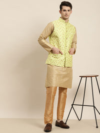SOJANYA Men Golden & Lime Green Kurta with Churidar & Nehru Jacket
