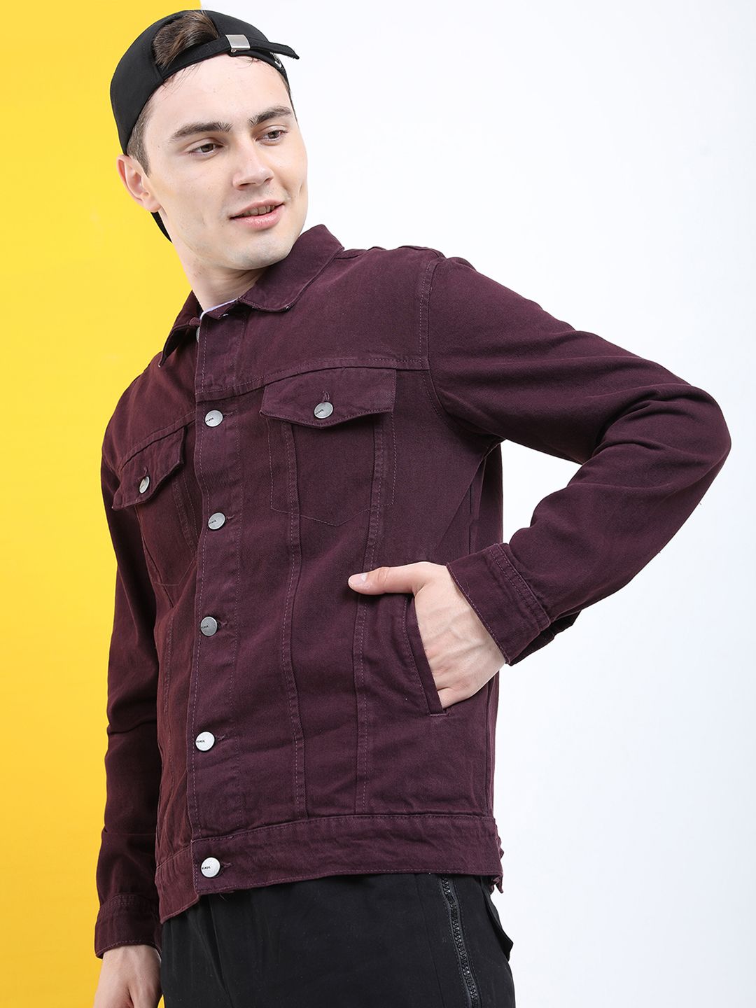 Highlander Men Jaket Denim Pepejal Ungu