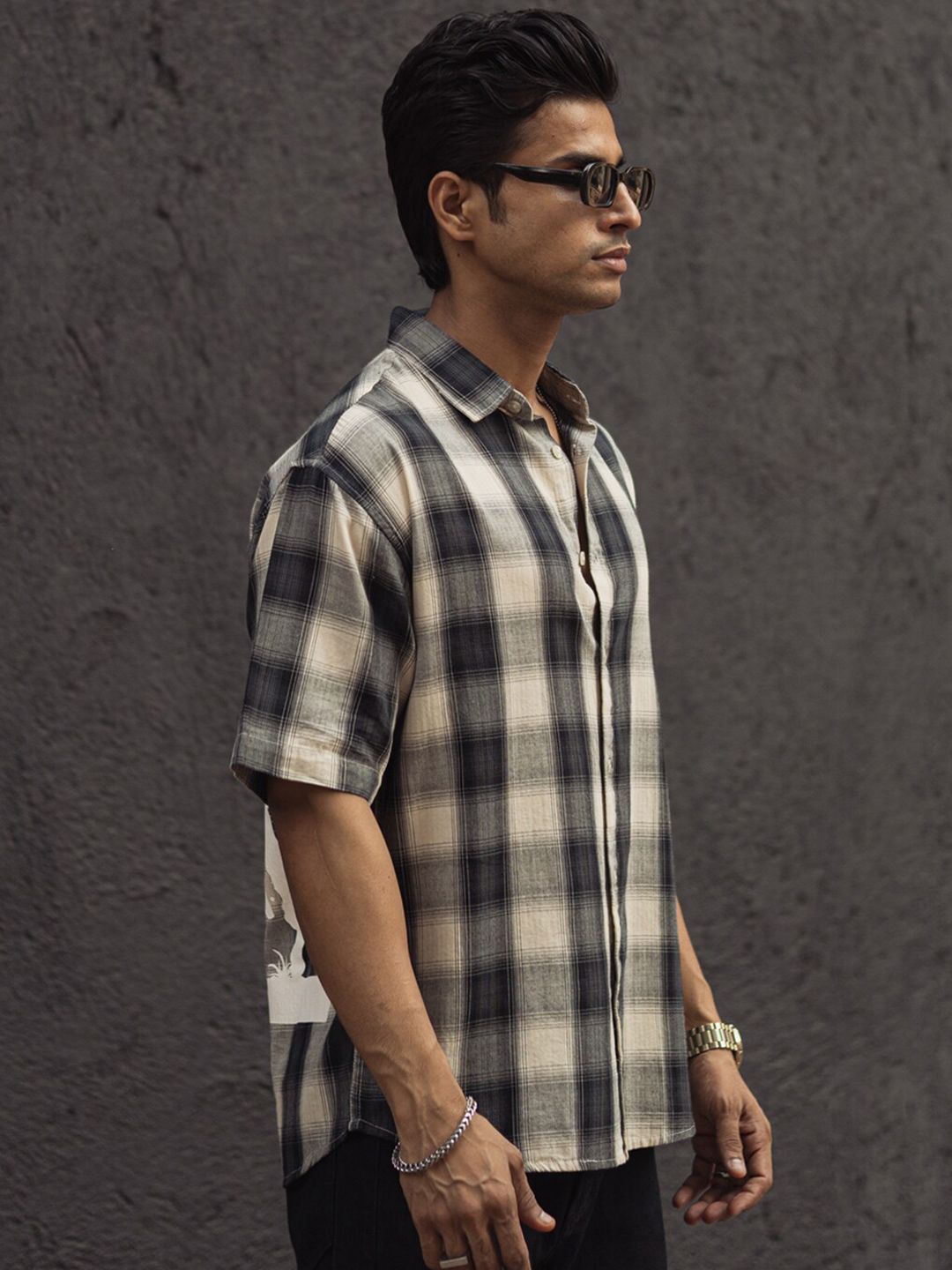 Powerlook India Slim Tartan Checked Drop-Shoulder Sleeves Cotton Oversized Shirt