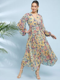 Antheaa Off White Floral Printed V-Neck Puff Sleeves Fit & Flare Midi Dress With Belt
