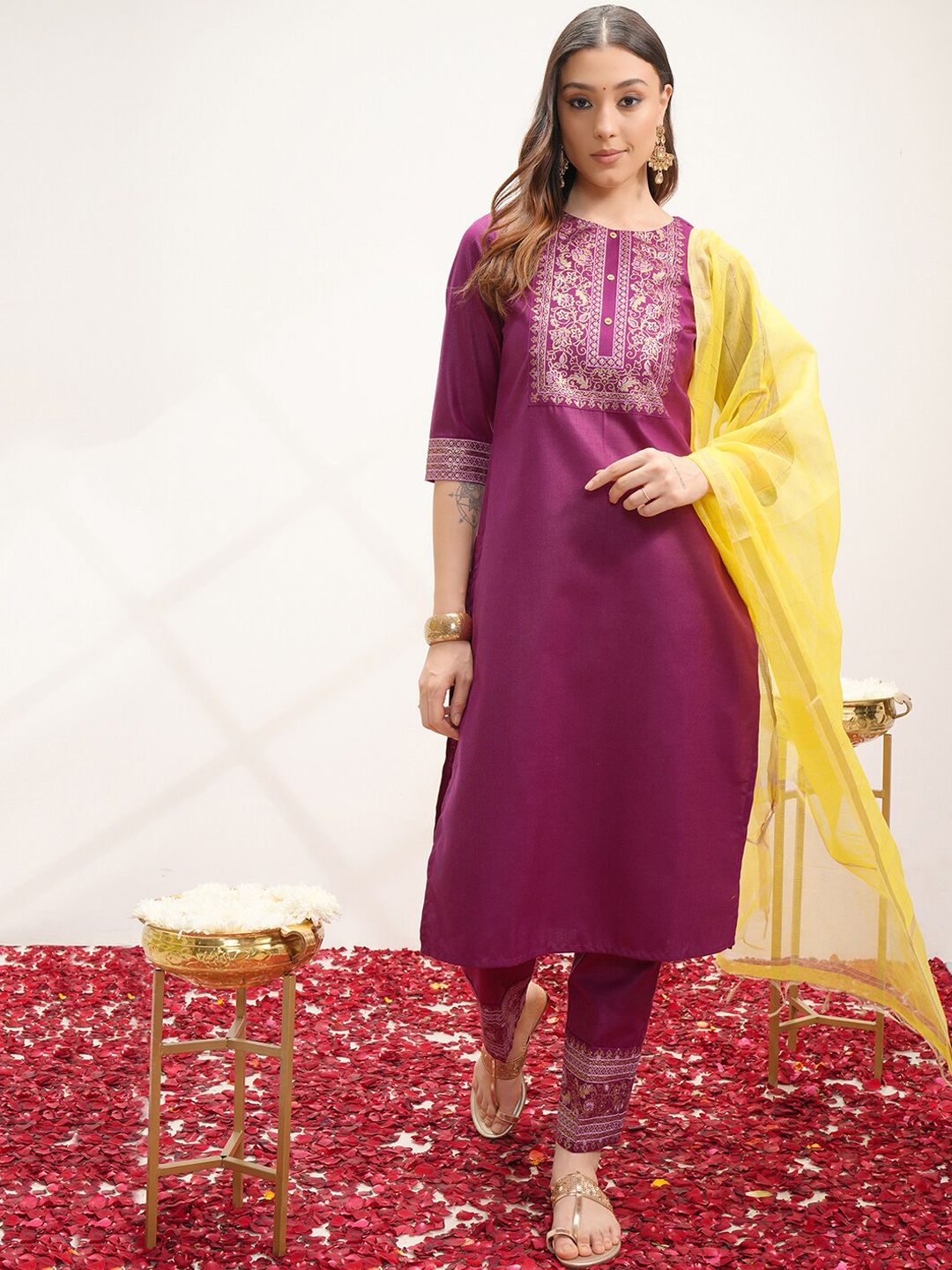 Vishudh Ethnic Motifs Yoke Design Regular Kurta with Trousers & With Dupatta