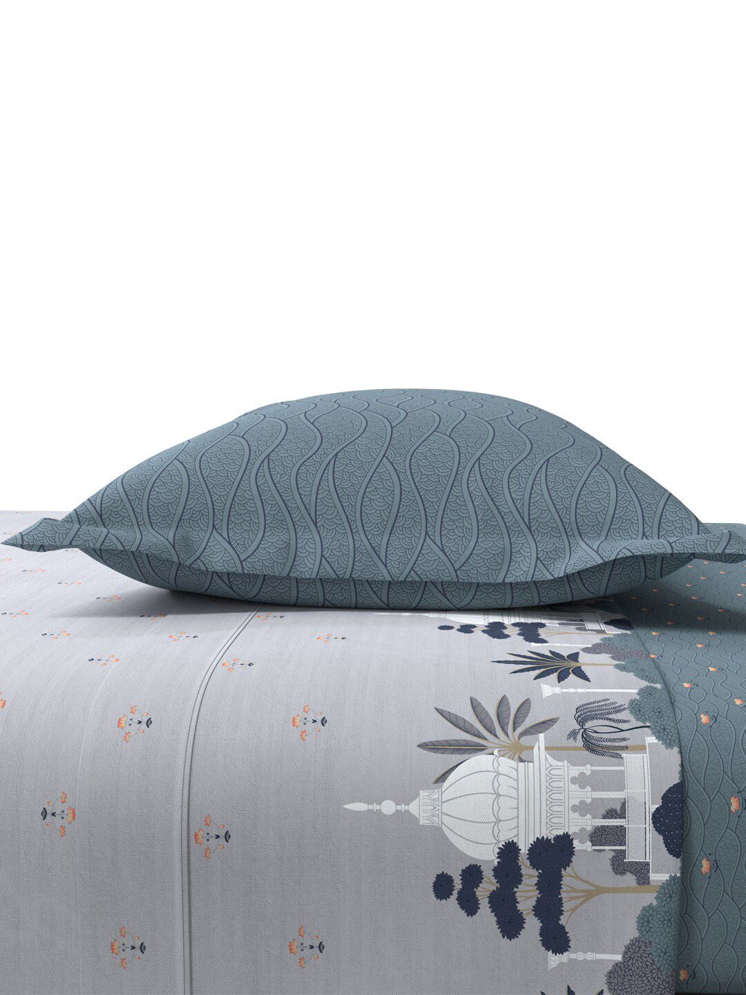 MYTRIDENT Pichwai Blue Sanskriti Flat 144TC King Cotton 1 Bedsheet with 2 Pillow Covers