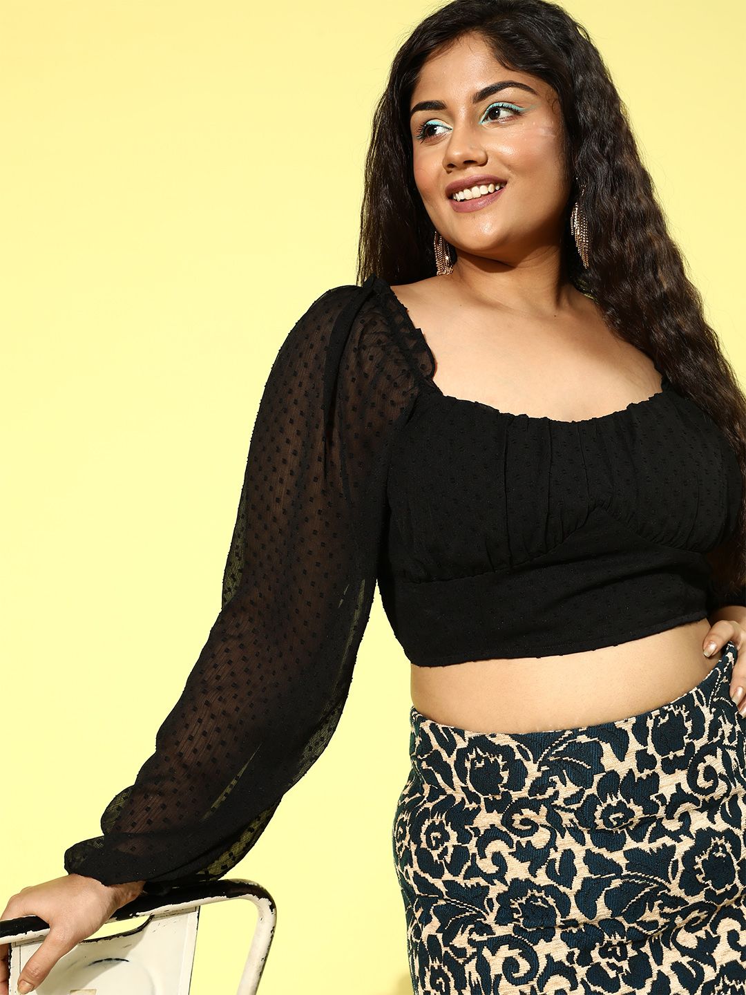 Berrylush Curve Plus Size Bishop Sleeves Chiffon Crop Top