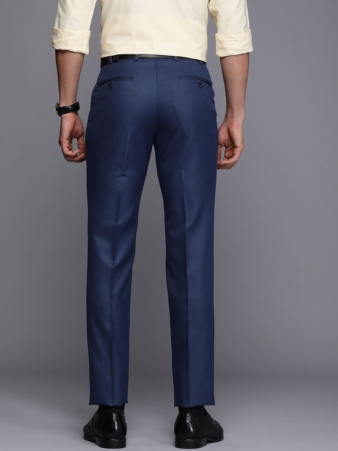 Raymond Men Textured Micro Checked Flat-Front Slim Fit Formal Trousers